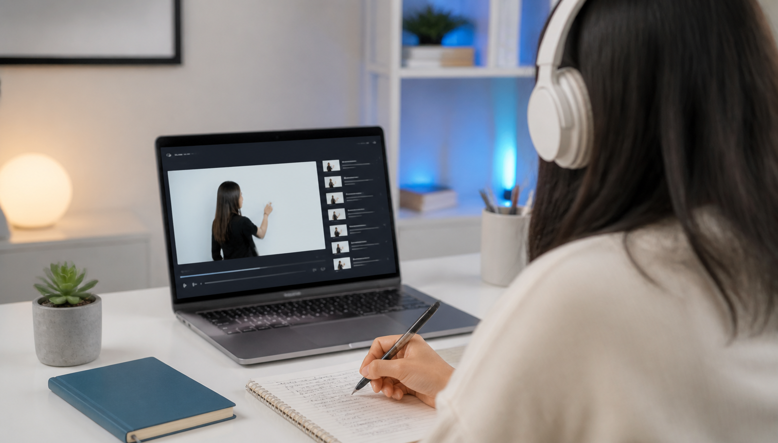 A learner following an online AI course and taking notes