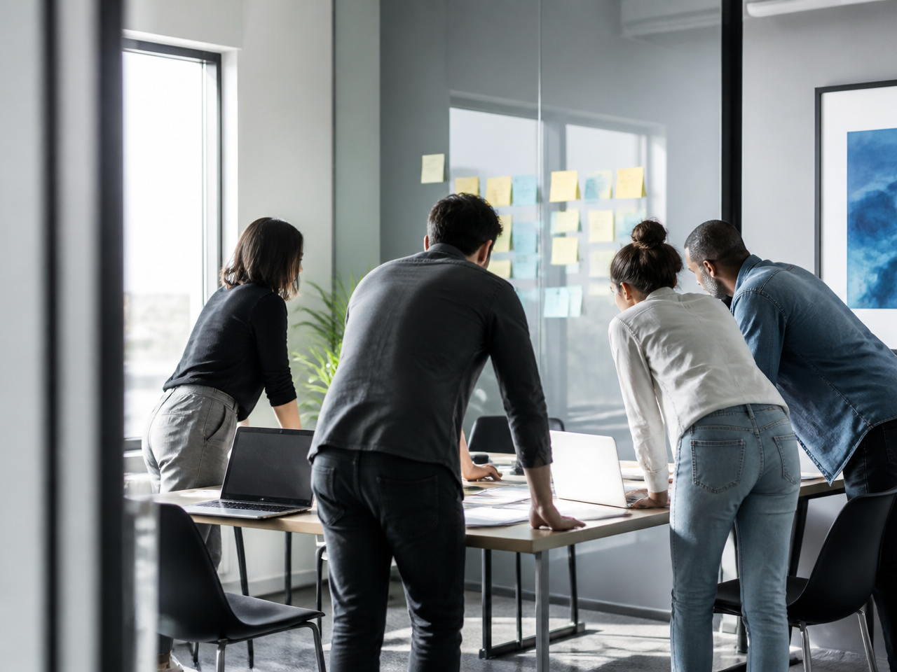 A project team reviewing work together in a studio