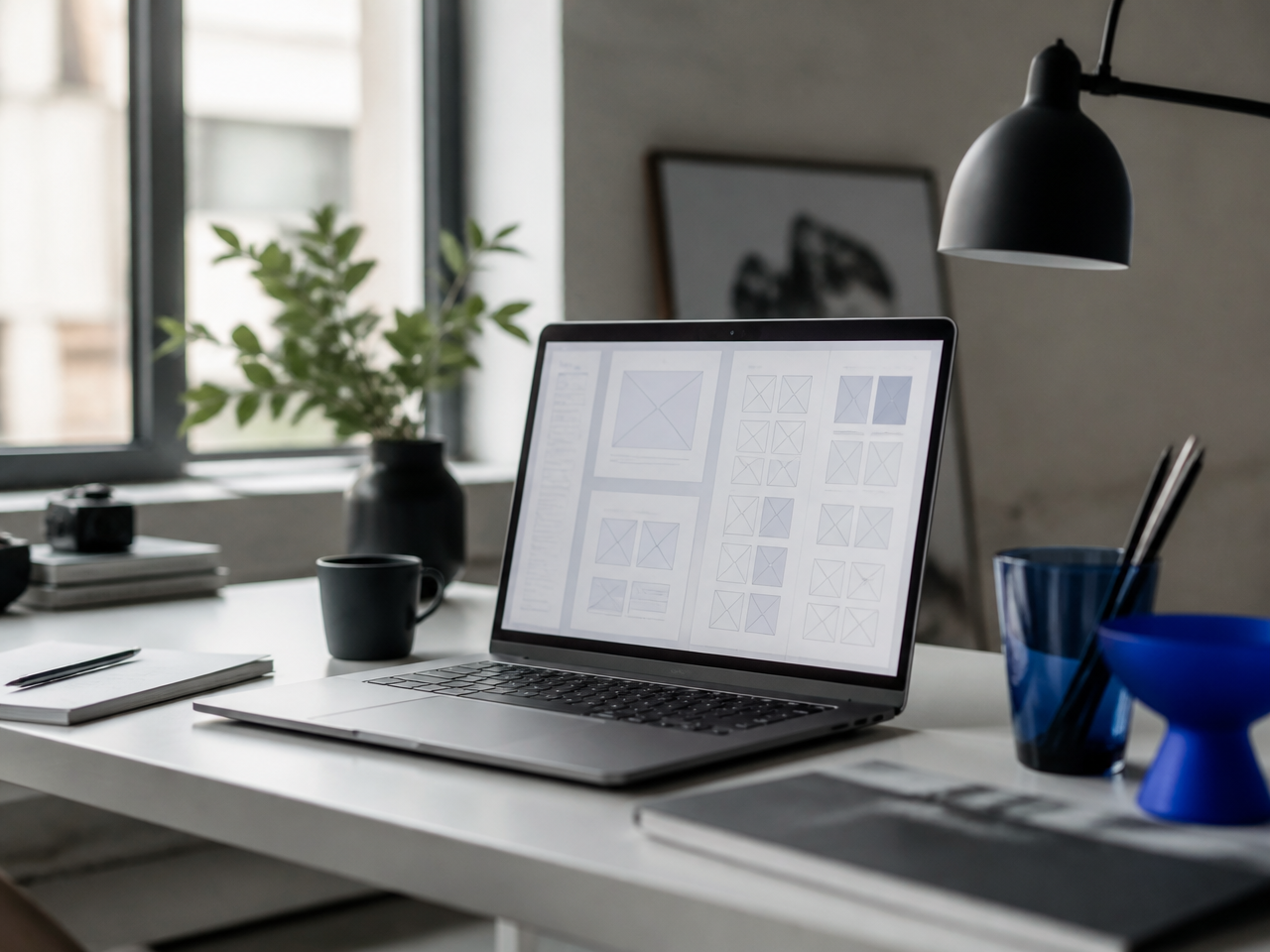 A designer's desk with a website layout in progress